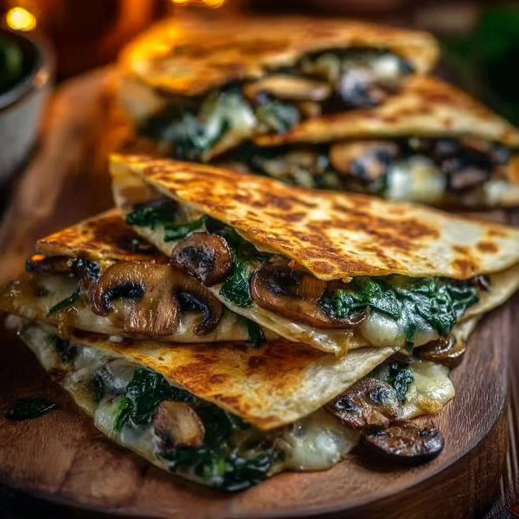 Baked Spinach Mushroom Quesadillas 1 Baked spinach mushroom quesadillas served on a plate with fresh ingredients