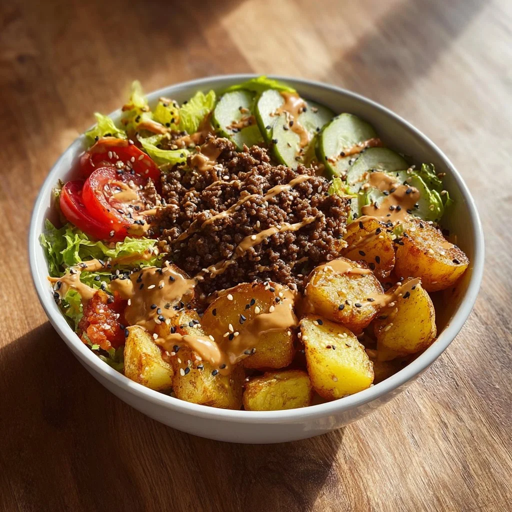 Delicious Burger Bowl featuring fresh ingredients and savory toppings