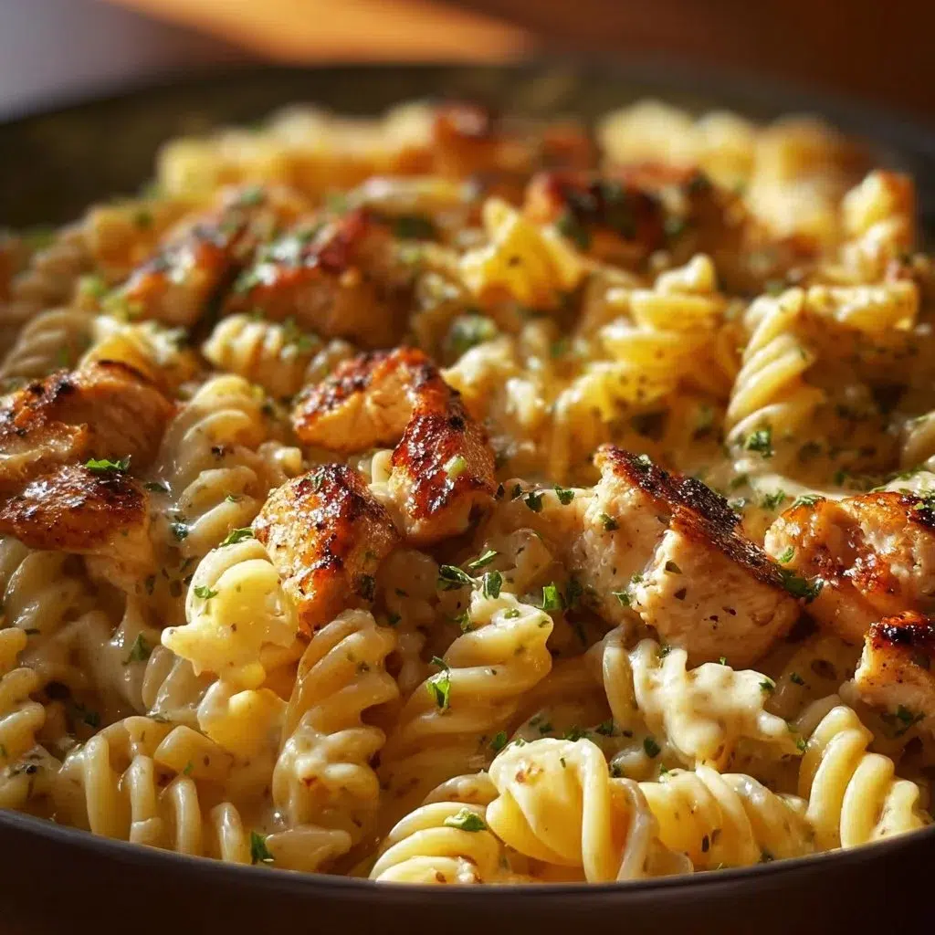Cheesy Cajun Garlic Chicken Rotini Skillet Recipe 1 Delicious Cheesy Cajun Garlic Chicken Rotini Skillet served in a pan