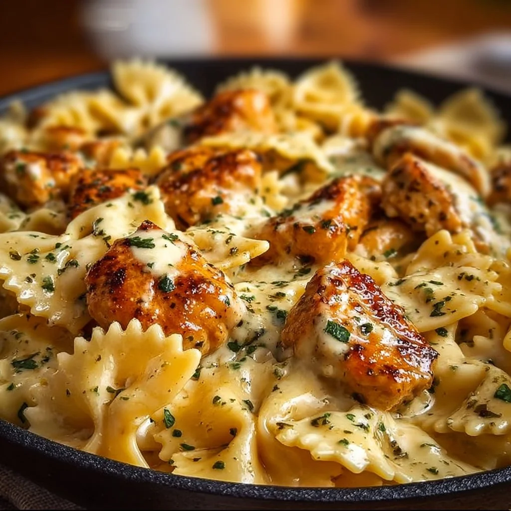 Cheesy Garlic Butter Chicken Bowties in a creamy mozzarella sauce