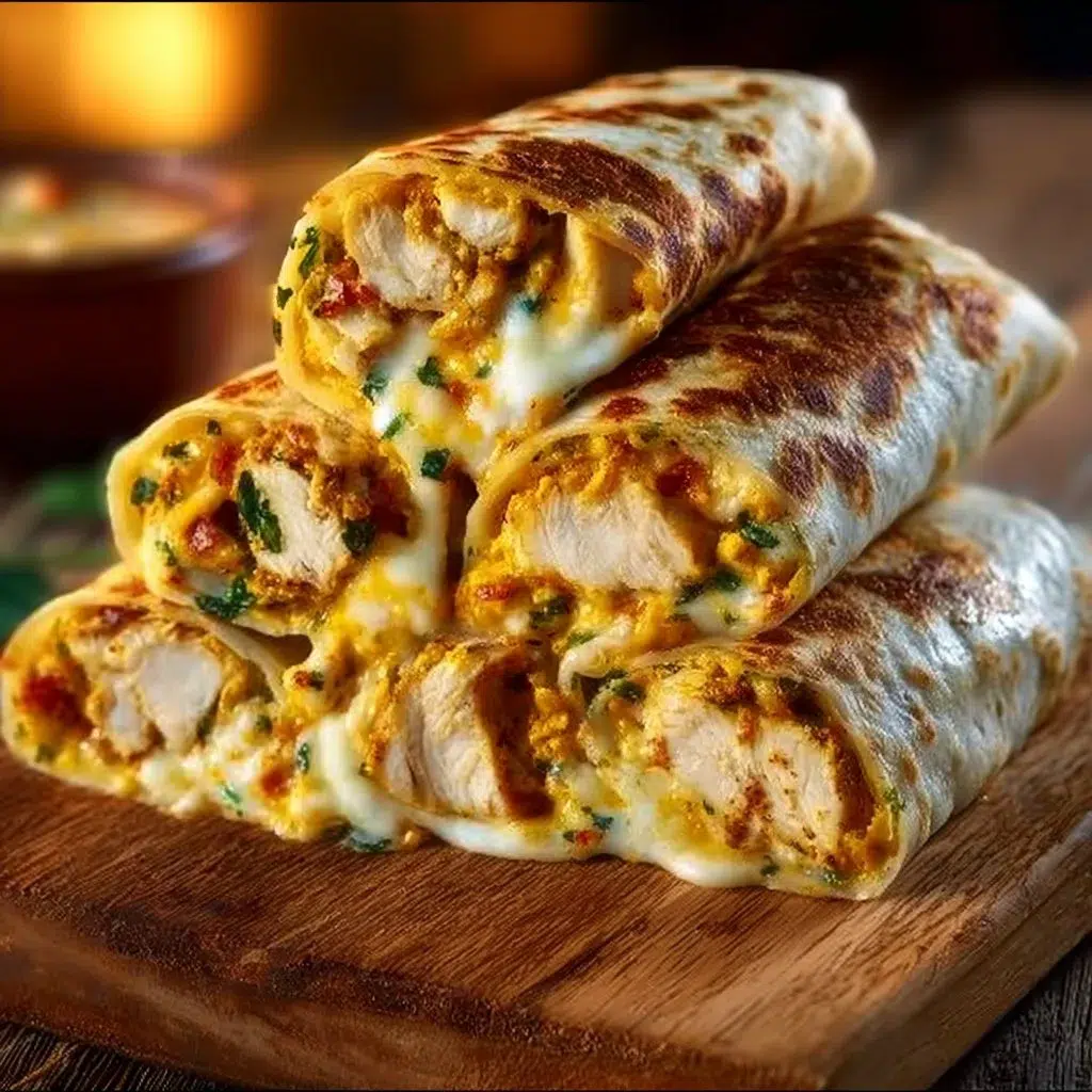 Cheesy garlic chicken wraps served on a plate with fresh ingredients