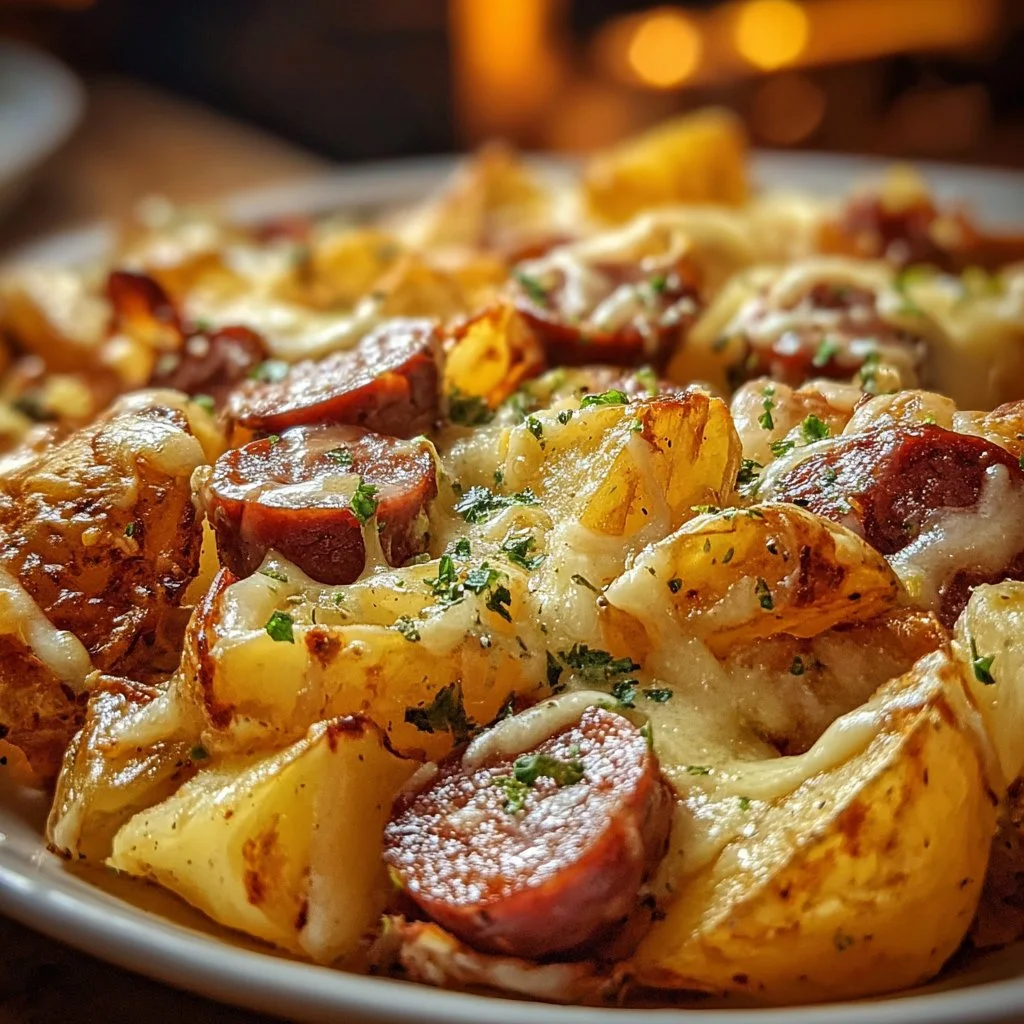 Cheesy Ranch Potatoes served with smoked sausage on a plate