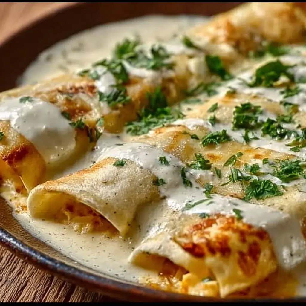Chicken Enchiladas with Sour Cream White Sauce 1 Delicious chicken enchiladas topped with sour cream white sauce on a plate