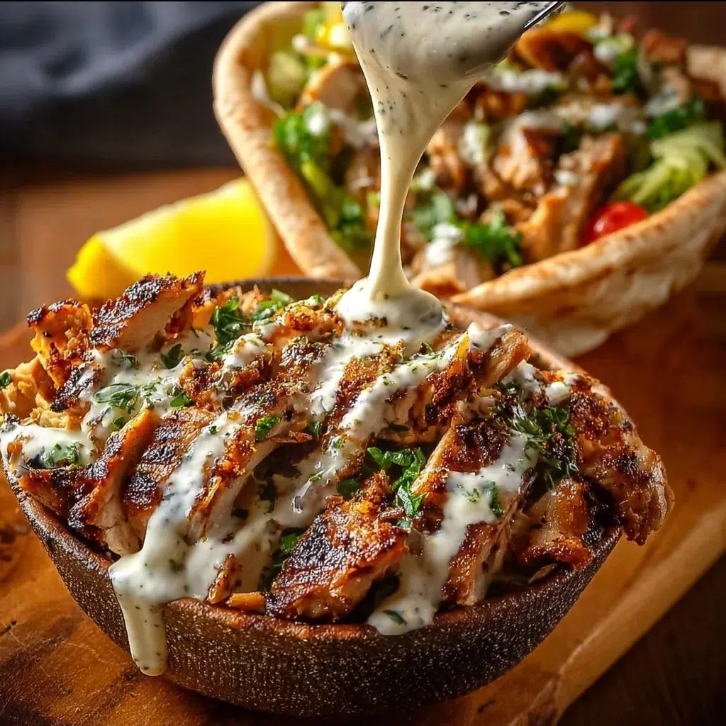 Serving of Chicken Shawarma topped with garlic sauce on a wooden platter