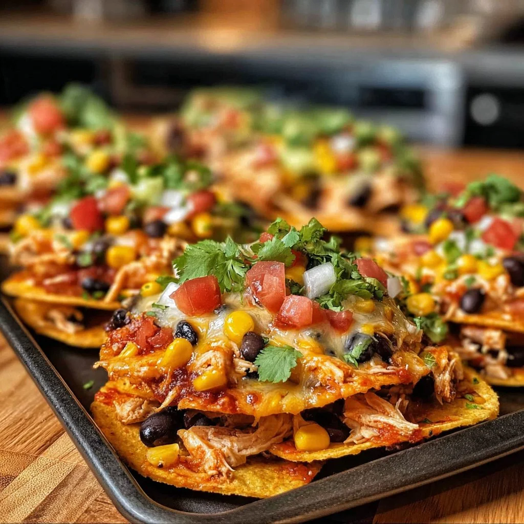 Delicious Chicken Tostadas topped with fresh vegetables and sauces