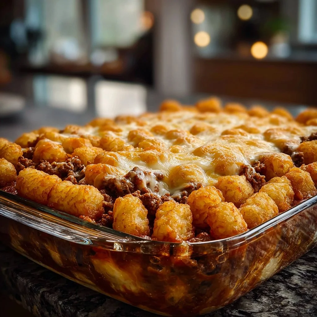 Delicious Chili Cheese Tater Tot Casserole served in a baking dish