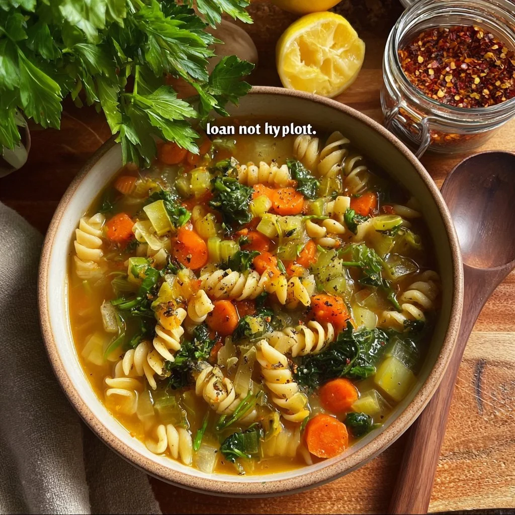 Creamy chickpea noodle soup in a bowl topped with herbs