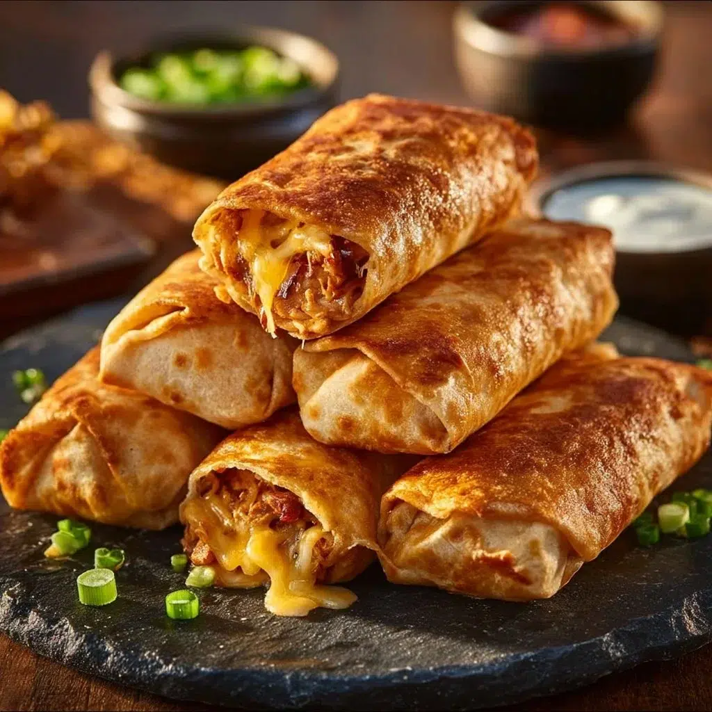 Crispy baked chicken chimichangas served with salsa and avocado