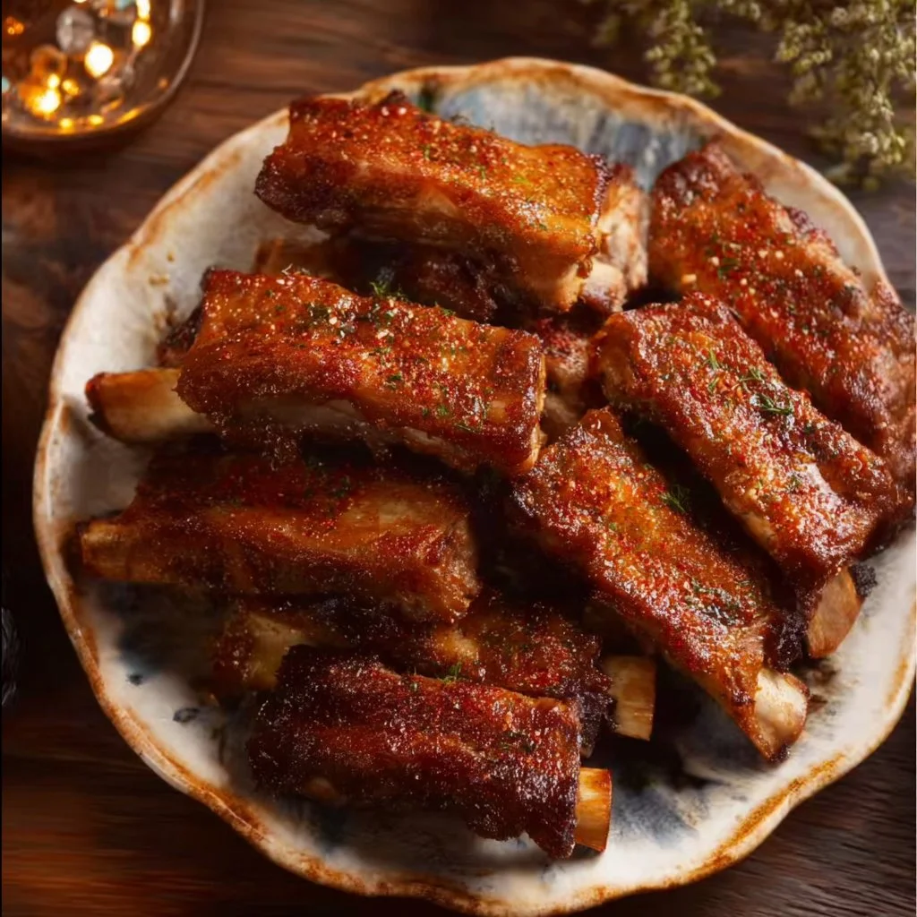 Crispy Deep Fried Spare Ribs 1 Crispy deep fried spare ribs garnished with herbs and served on a plate