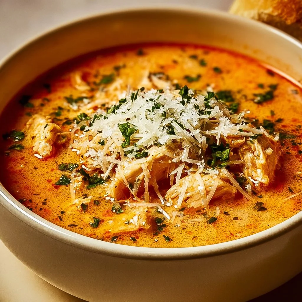 Crock Pot Creamy Chicken Parmesan Soup 1 Crock Pot Creamy Chicken Parmesan Soup served in a bowl with fresh herbs