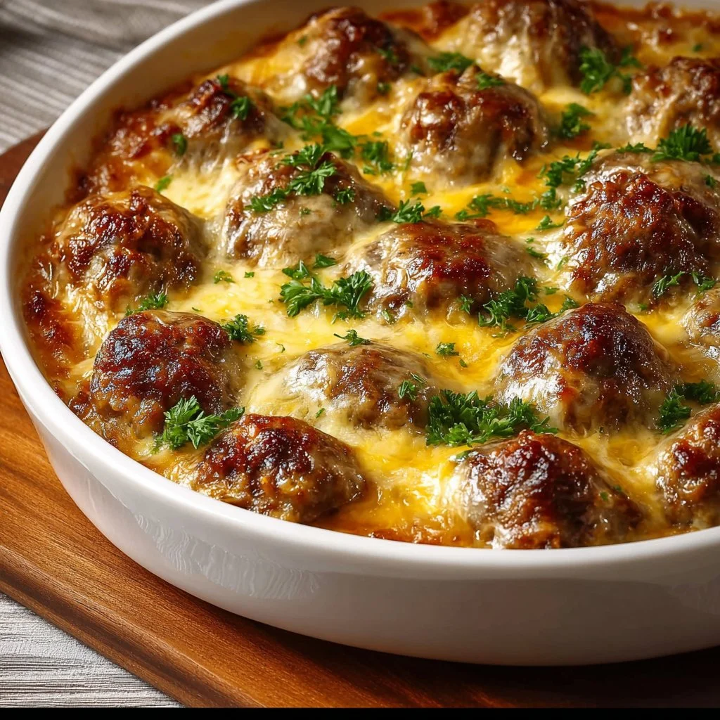 Delicious dump-and-bake meatball casserole dish served with cheese and pasta.