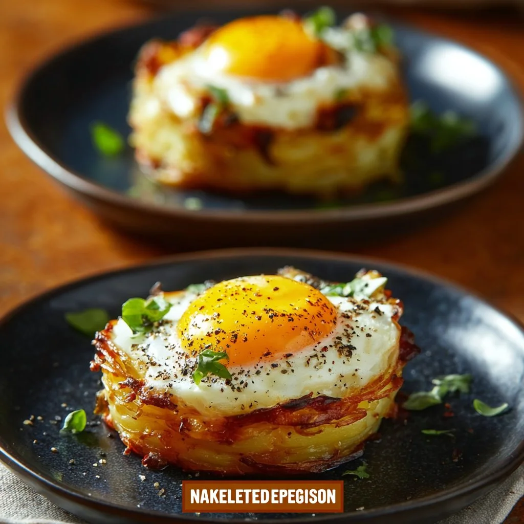 A delicious plate of Eggs Napoleon with poached eggs and creamy sauce.