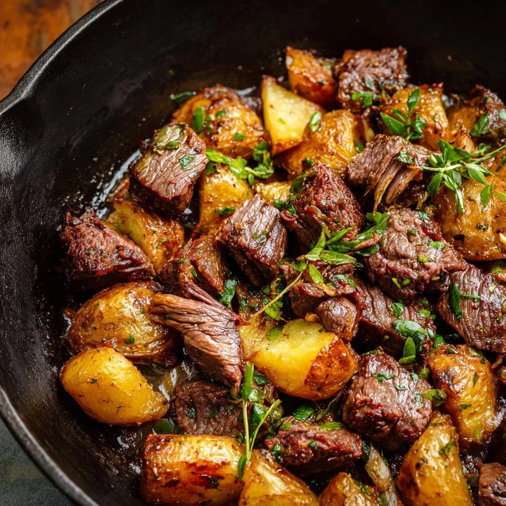Succulent garlic butter steak bites served with crispy potatoes