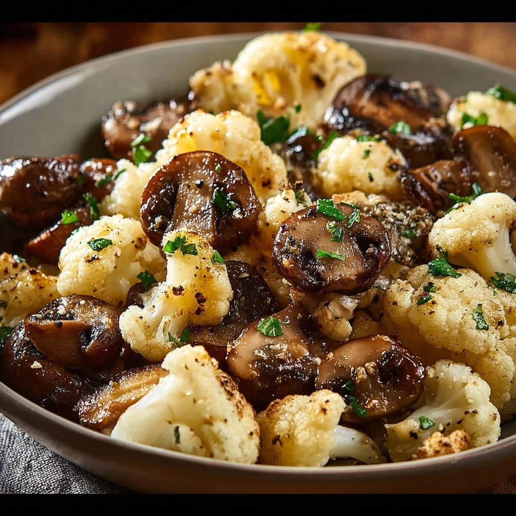 Garlic cauliflower mushroom skillet served in a bowl with fresh herbs