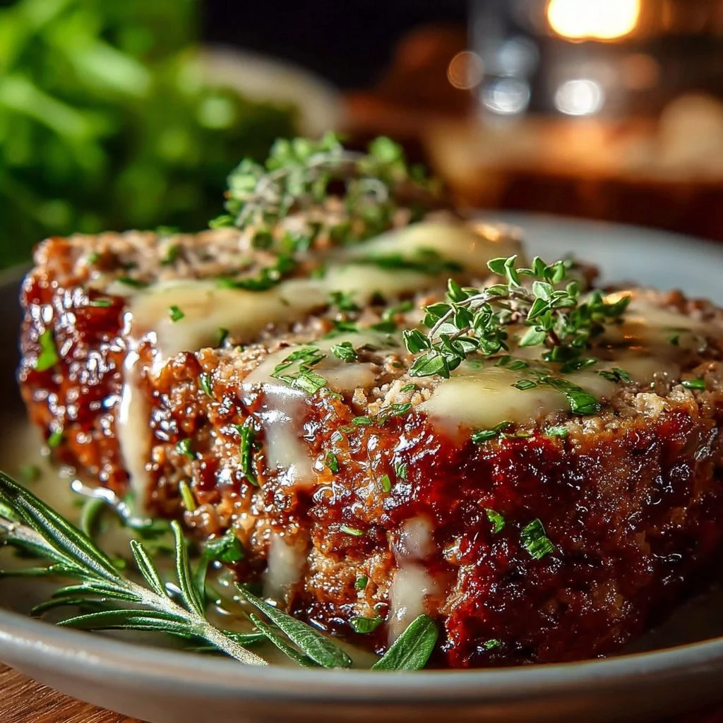 Garlic Parmesan Chicken Meatloaf 1 Garlic Parmesan Chicken Meatloaf served on a plate with fresh herbs