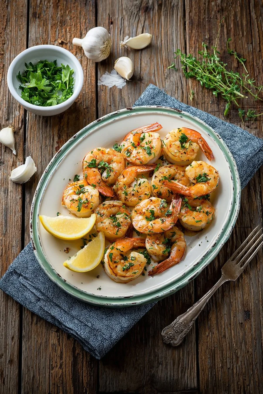 Garlic Parmesan Roasted Shrimp served on a platter with garnish