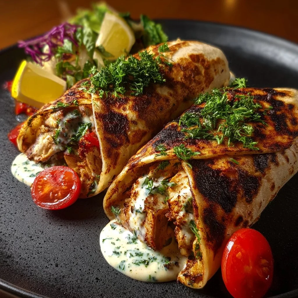 Greek Chicken Wraps with Garlic Yogurt Sauce 1 Greek chicken wraps with garlic yogurt sauce on a platter