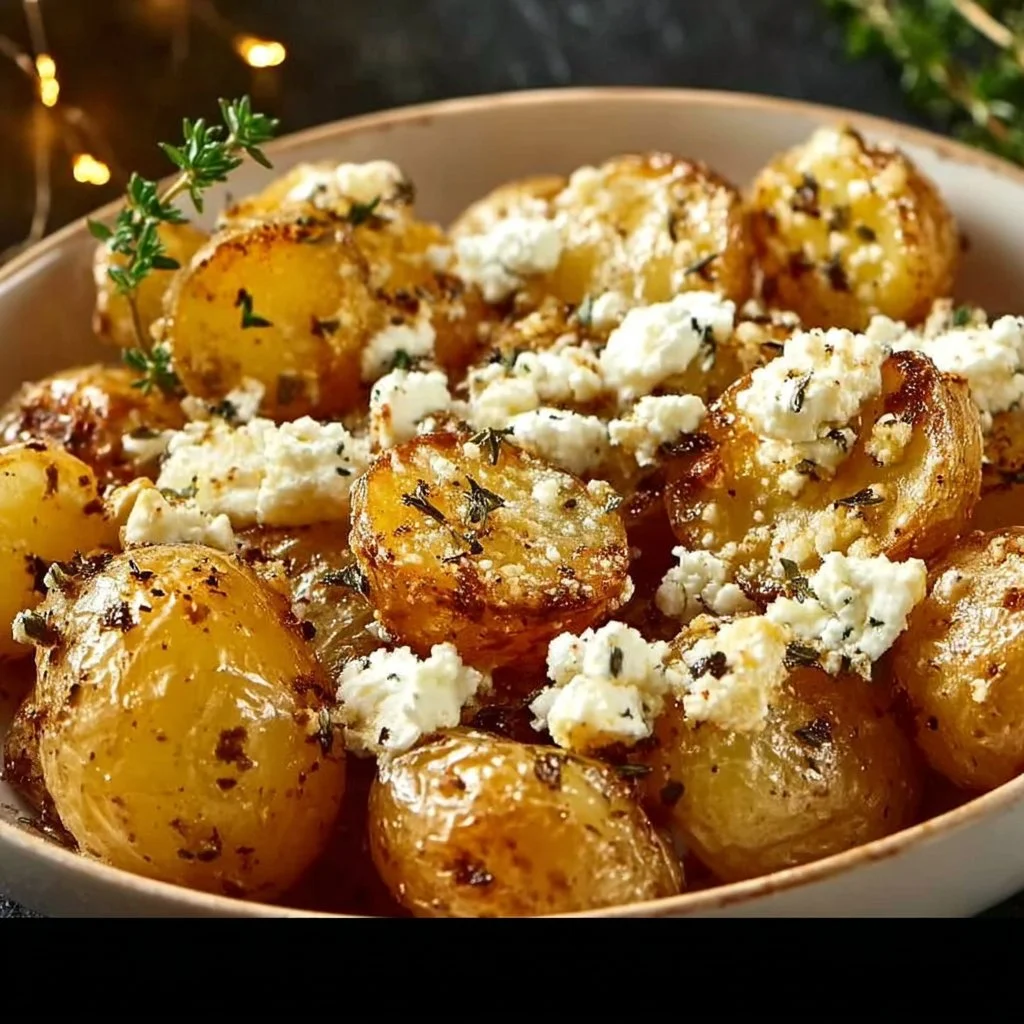 Delicious Greek feta roast potatoes garnished with herbs