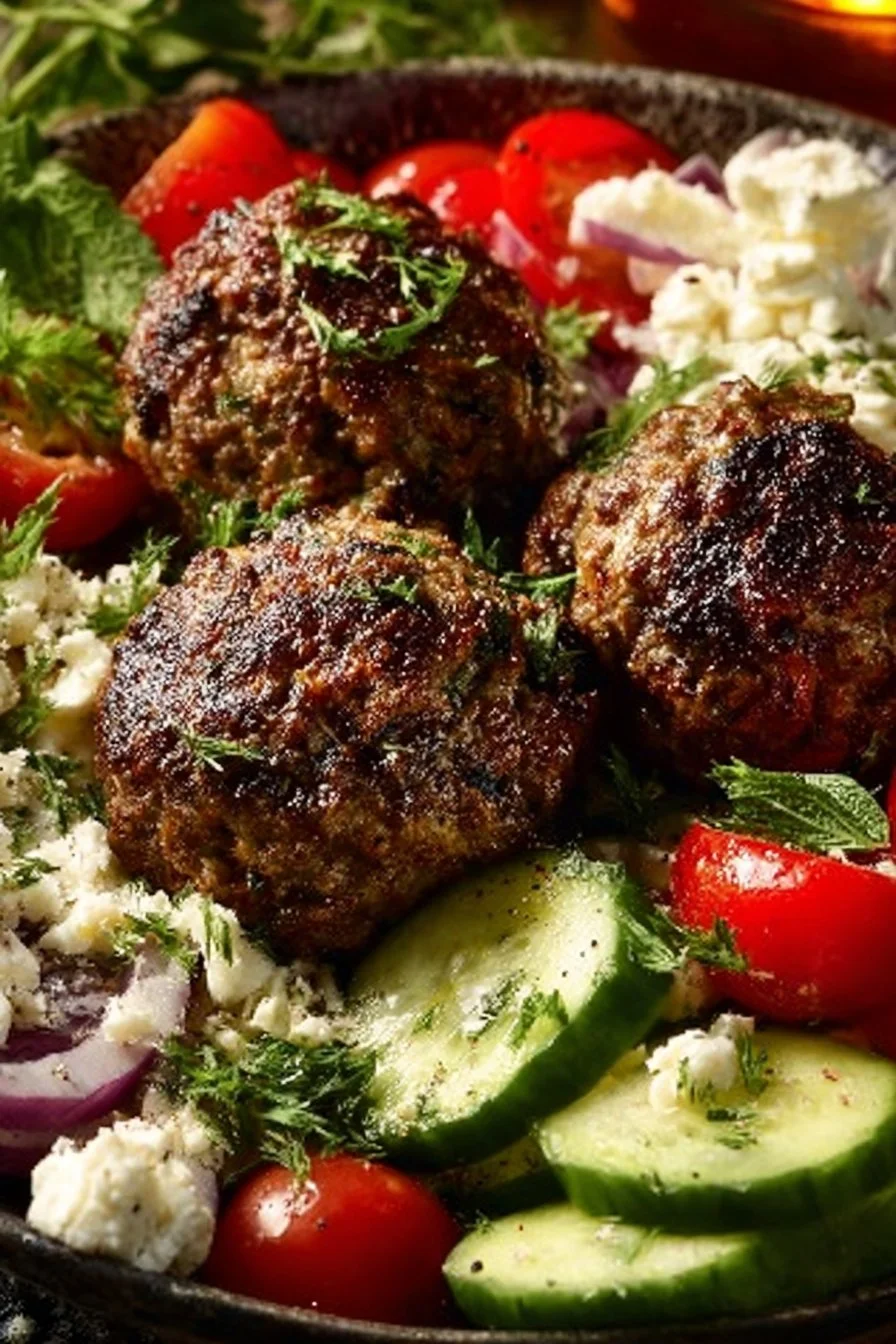 Greek Meatball Bowl 1 Delicious Greek Meatball Bowl with fresh vegetables and herbs.