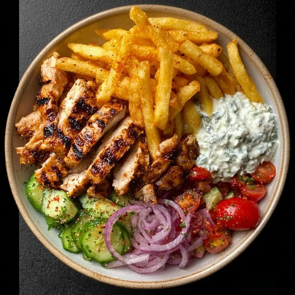 Greek Style Chicken Plate with Tzatziki & Fries 1 Greek style chicken plate with tzatziki sauce and fries