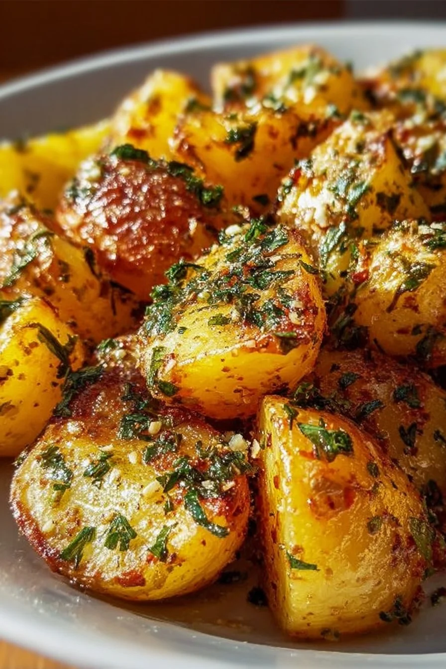 Greek-Style Lemon Potatoes 1 Delicious Greek-Style Lemon Potatoes garnished with herbs on a plate