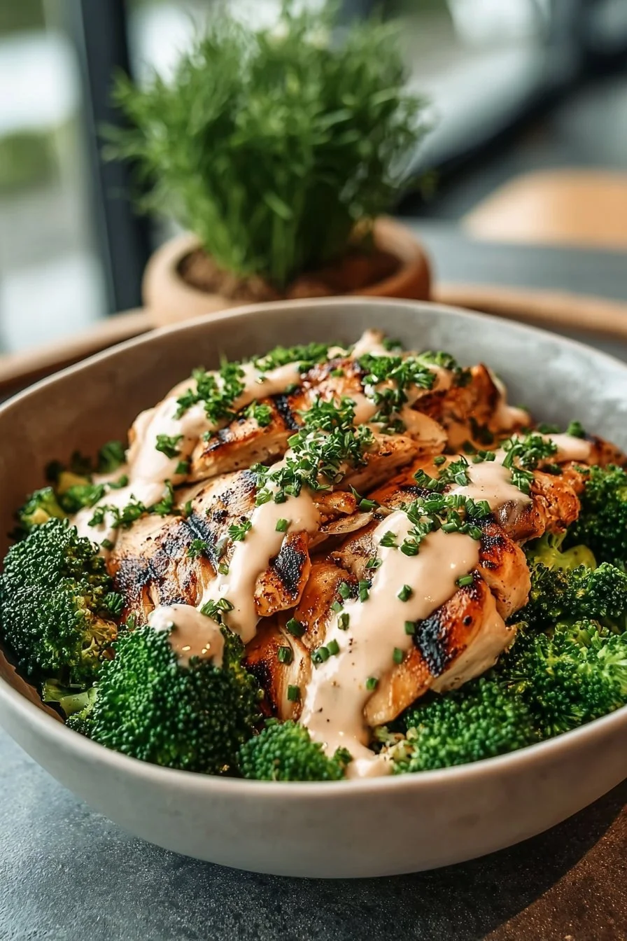 Grilled Chicken & Broccoli Bowls with Creamy Garlic Sauce 1 Grilled chicken and broccoli bowls topped with creamy garlic sauce