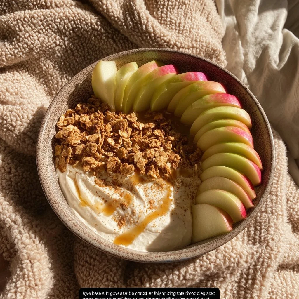 Healthy oatmeal topped with sliced apples in a bowl