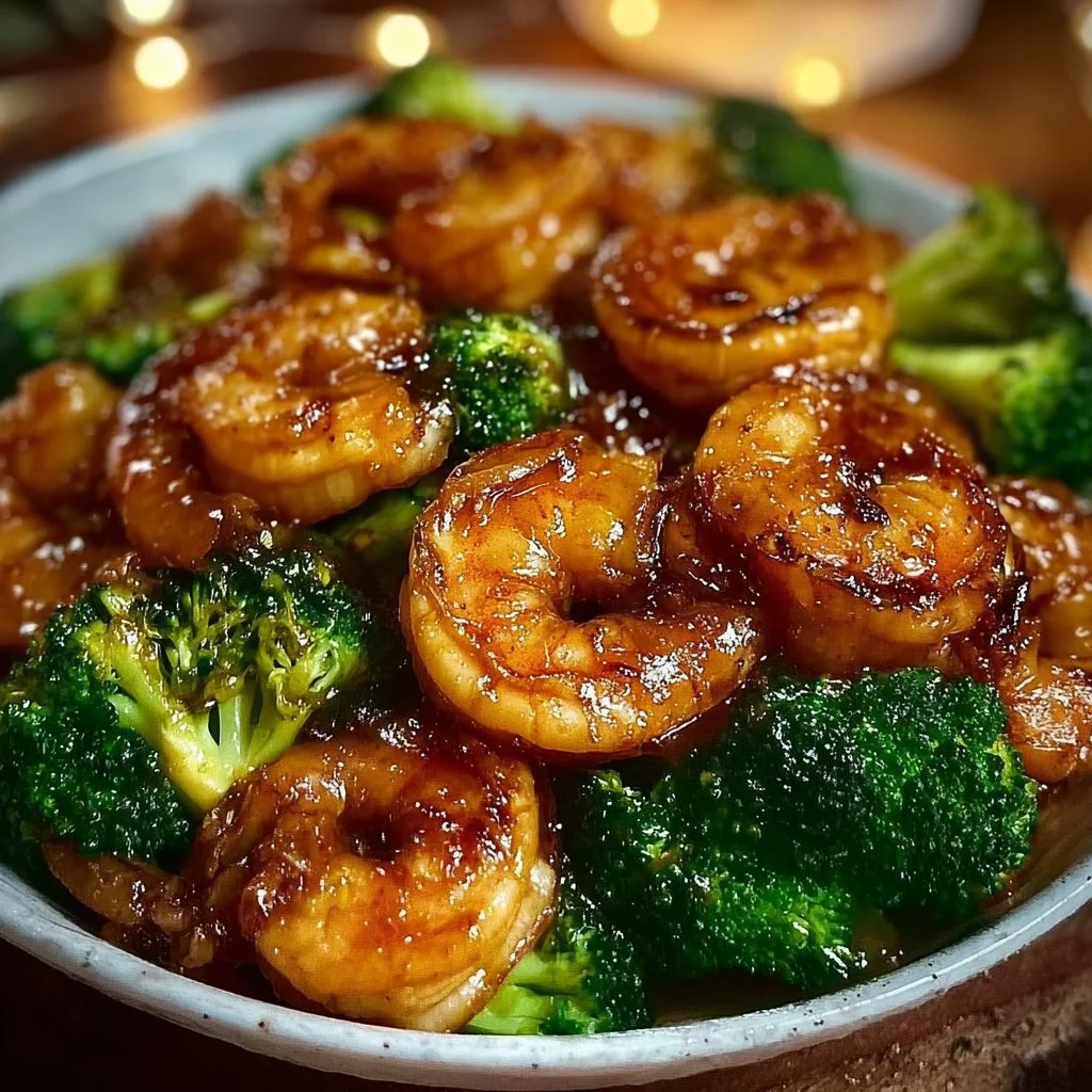Delicious plate of high-protein honey garlic shrimp garnished with green onions.