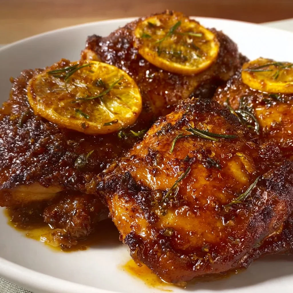 Honey Garlic Lemon Pepper Chicken Thighs 1 Honey garlic chicken thighs topped with lemon pepper seasoning for added flavor.