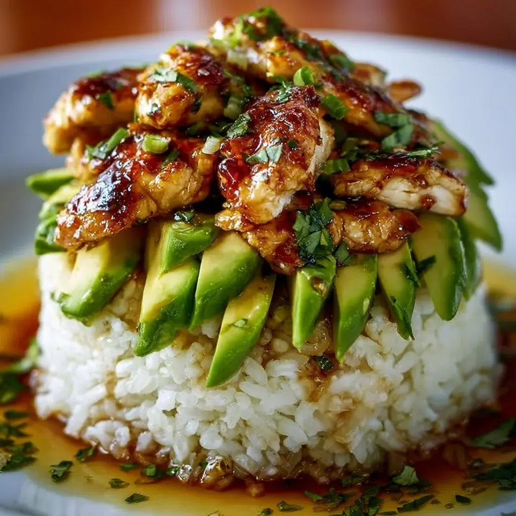 Honey-Glazed Chicken with Avocado and Coriander Rice 1 Plate of honey-glazed chicken with avocado and coriander rice garnished beautifully