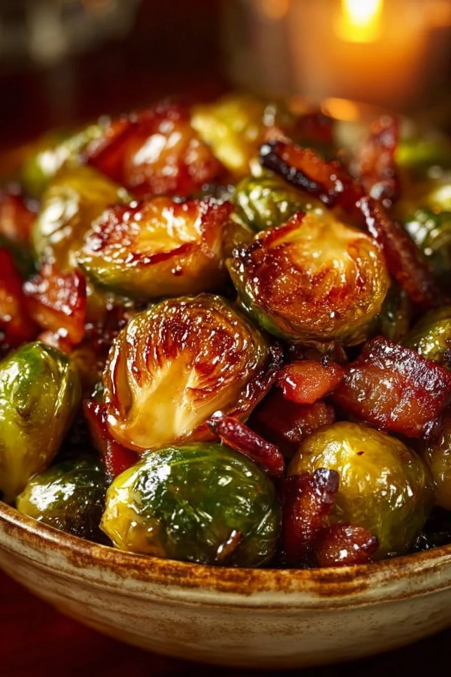 Honey-Glazed Roasted Brussels Sprouts with Turkey Bacon 1 Honey-glazed roasted Brussels sprouts with turkey bacon in a serving dish