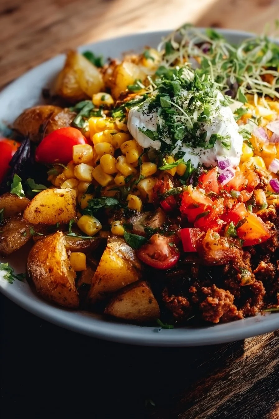 Loaded Potato Taco Bowl 1 Delicious Loaded Potato Taco Bowl with toppings and ingredients