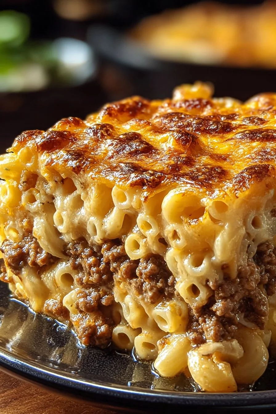 Delicious Mac and Cheese Meatloaf Casserole served in a dish
