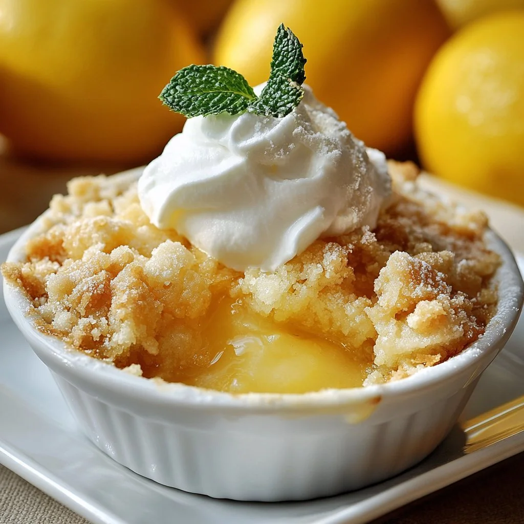 Delicious Magic Lemon Cobbler Delight served in a dish, garnished with lemon slices