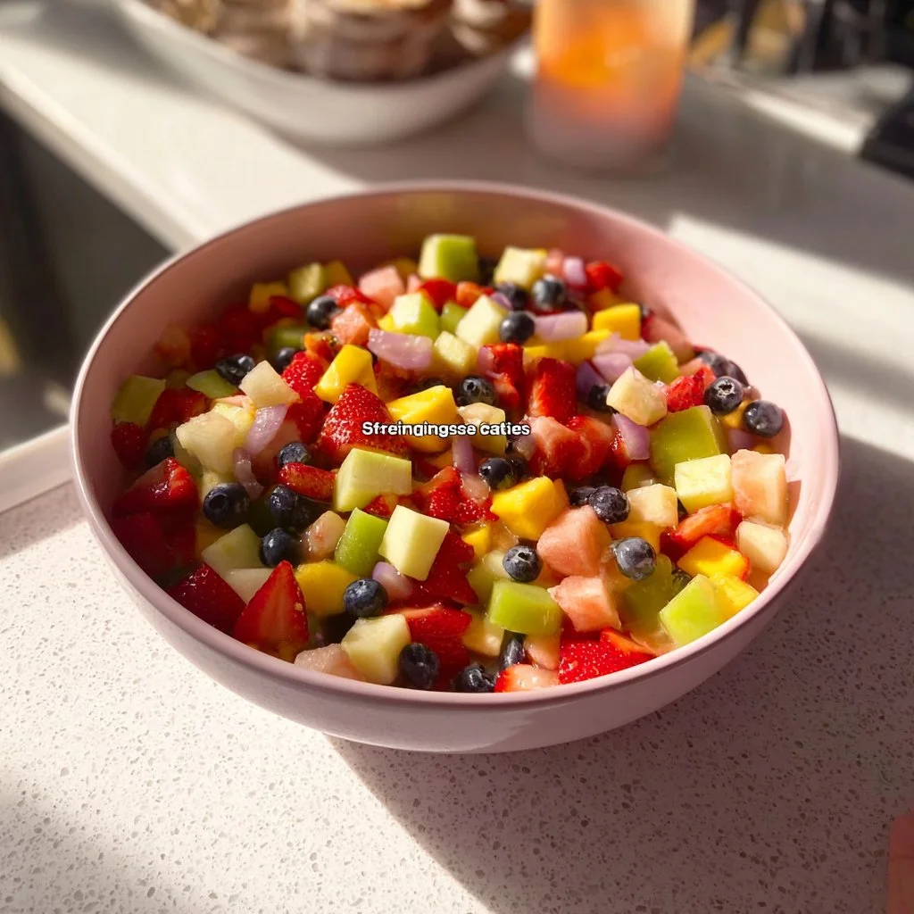 Colorful mix fruit salad with fresh berries, melons, and tropical fruits