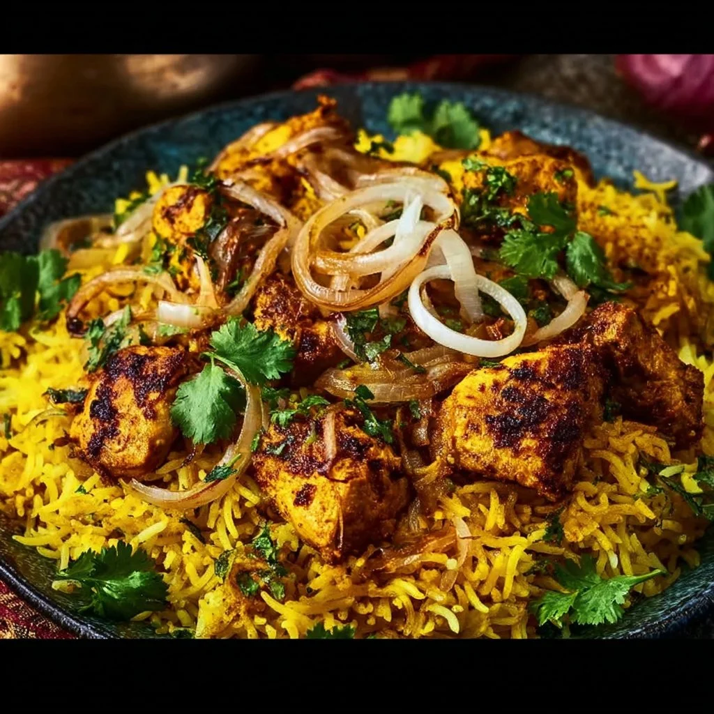 One Pot Shawarma Chicken And Rice 1 One Pot Shawarma Chicken and Rice served with garnishes on a plate.