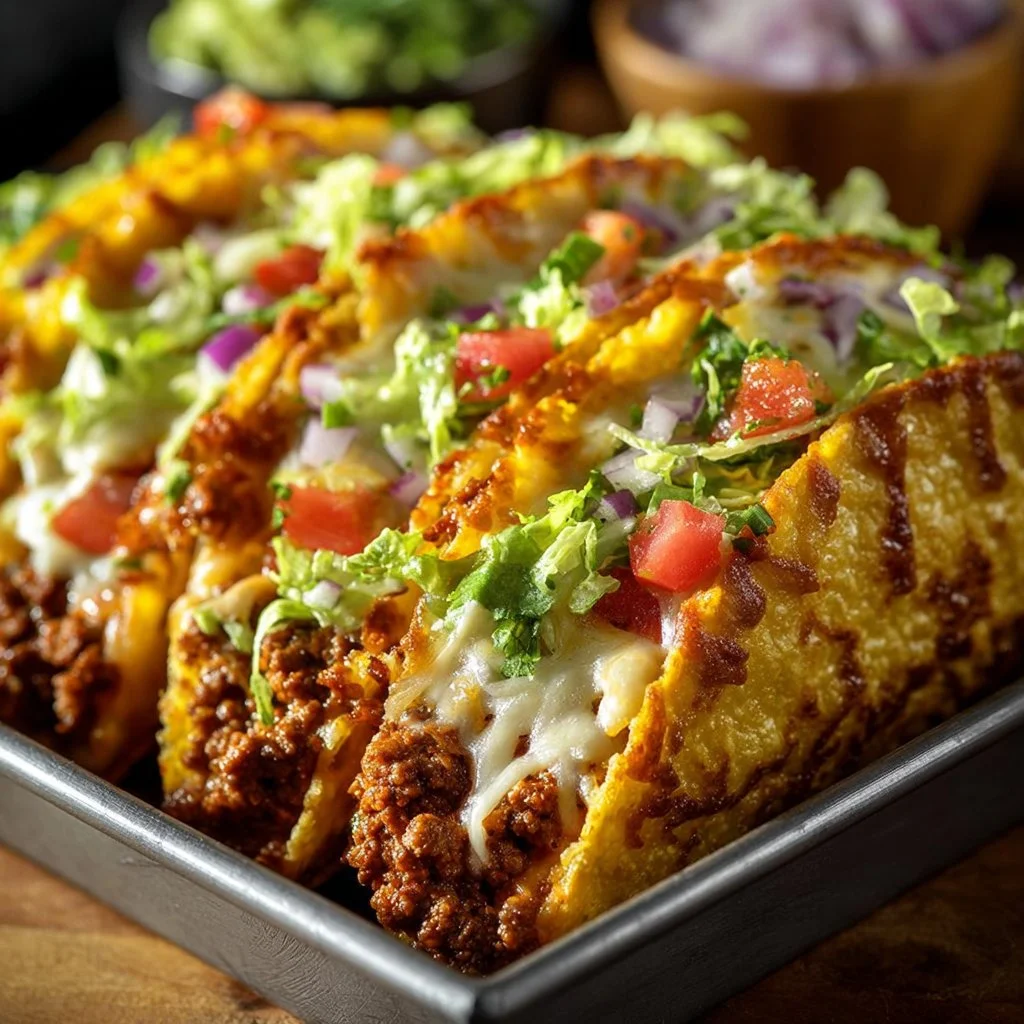 Oven-baked cheesy tacos topped with fresh ingredients and melted cheese.