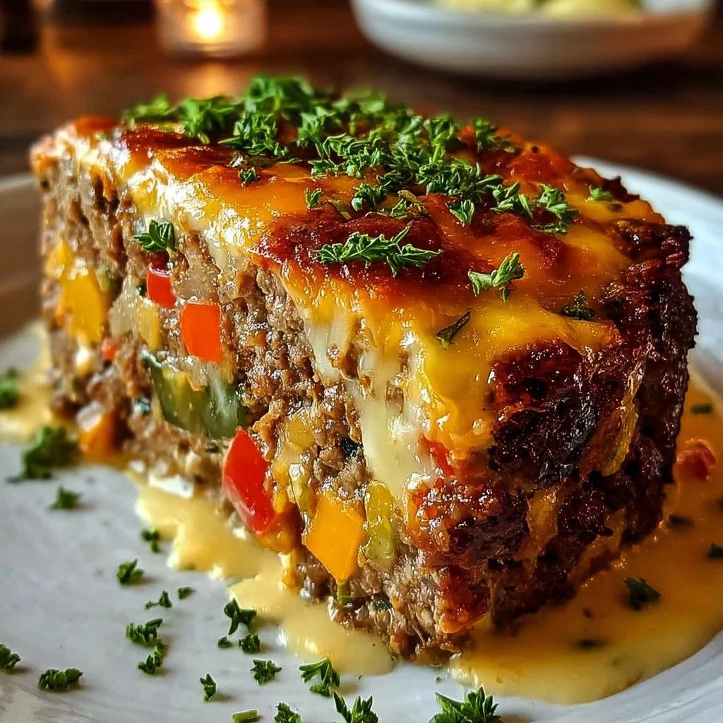 Philly Cheesesteak Meatloaf topped with melted cheese and sautéed peppers and onions.