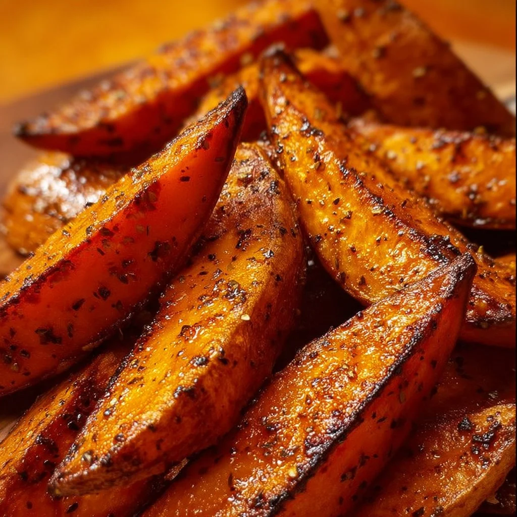 Bowl of crispy roasted sweet potato wedges served on a wooden table.