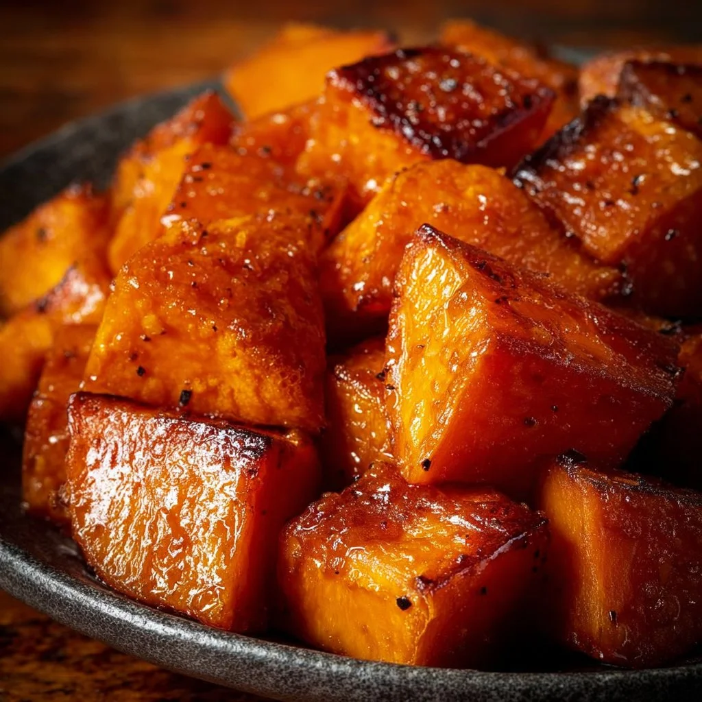 Roasted Sweet Potatoes with Maple Glaze 1 Roasted sweet potatoes drizzled with maple glaze, garnished for presentation