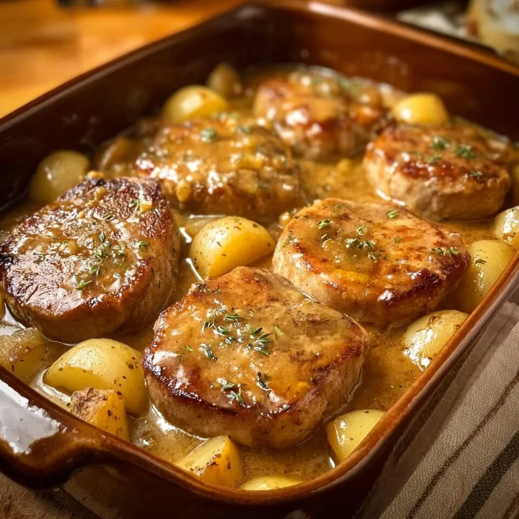 Royal - Smothered Pork Chops with Potatoes in Gravy 1 Delicious smothered pork chops with potatoes in rich gravy served on a plate.