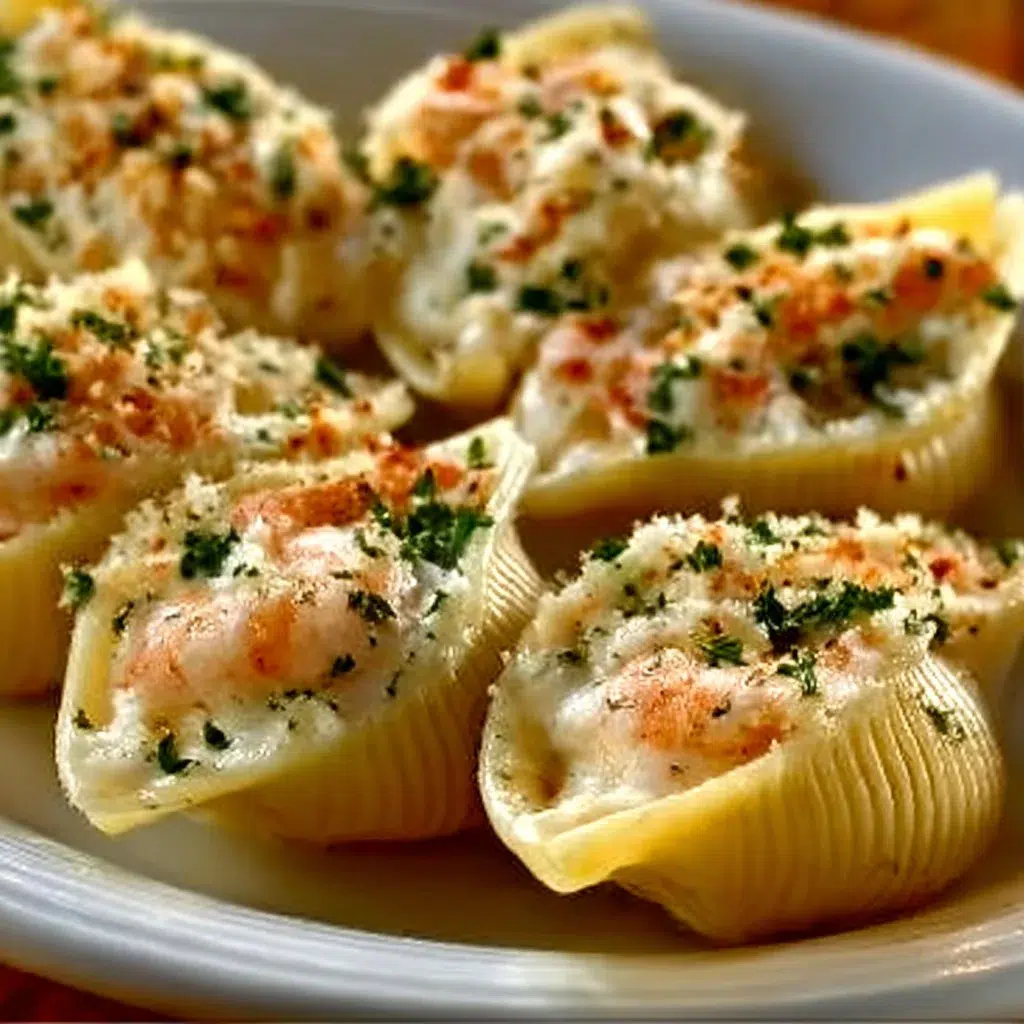 Delicious seafood stuffed shells filled with fresh seafood and creamy cheese