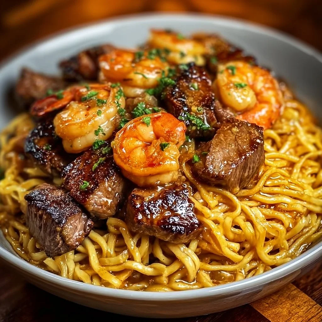 Delicious Surf & Turf Garlic Noodles with shrimp and steak garnished with scallions