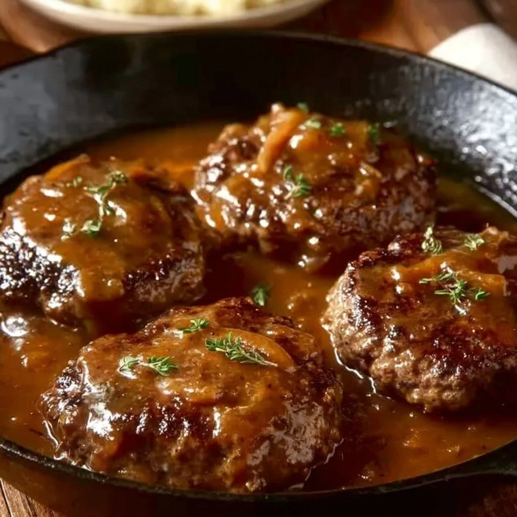 Delicious Salisbury steak served with rich gravy and sides.