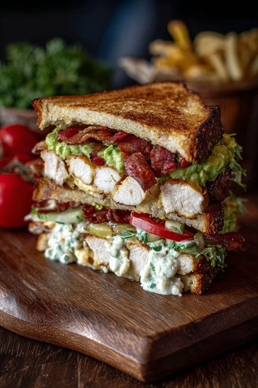 Ultimate Loaded Chicken Club Sandwich with crispy bacon and avocado ranch spread