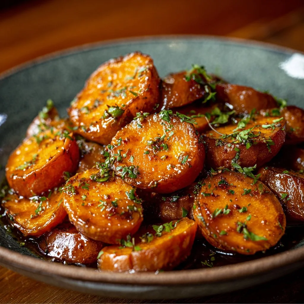 Walnut Maple Roasted Sweet Potatoes dish garnished with walnuts and maple syrup