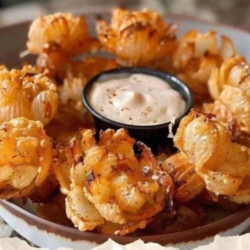 Delicious air fryer blooming onions served with dipping sauce