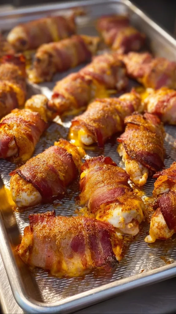 Bacon-wrapped cheese-stuffed chicken tenders ready to be served.