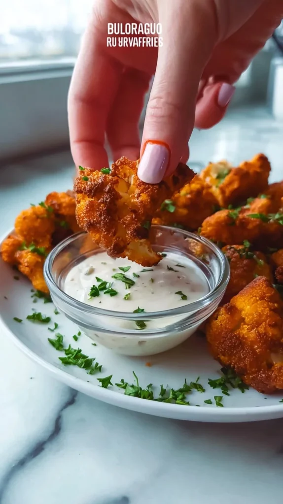 Bowl of crispy Buffalo Cauliflower Bites served with dipping sauce