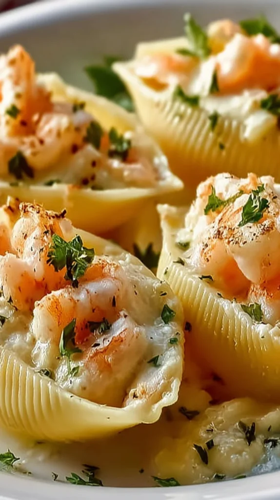 Creamy seafood stuffed shells topped with herbs and cheese, ready to serve.
